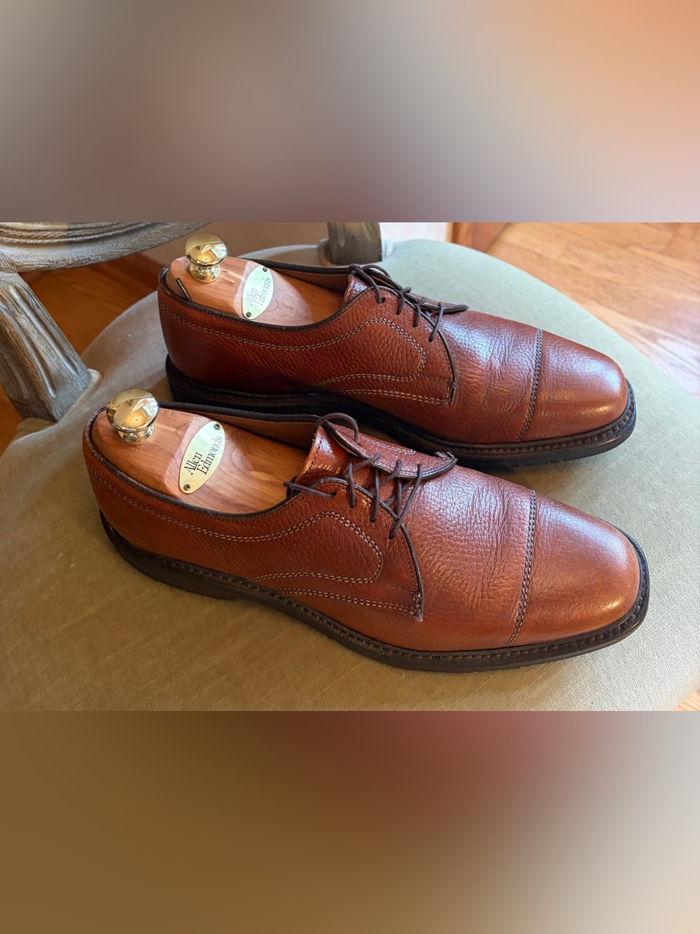 Allen Edmonds Becker Pebbled Leather Cap Toe Oxfords 8.5 D Cognac Brown